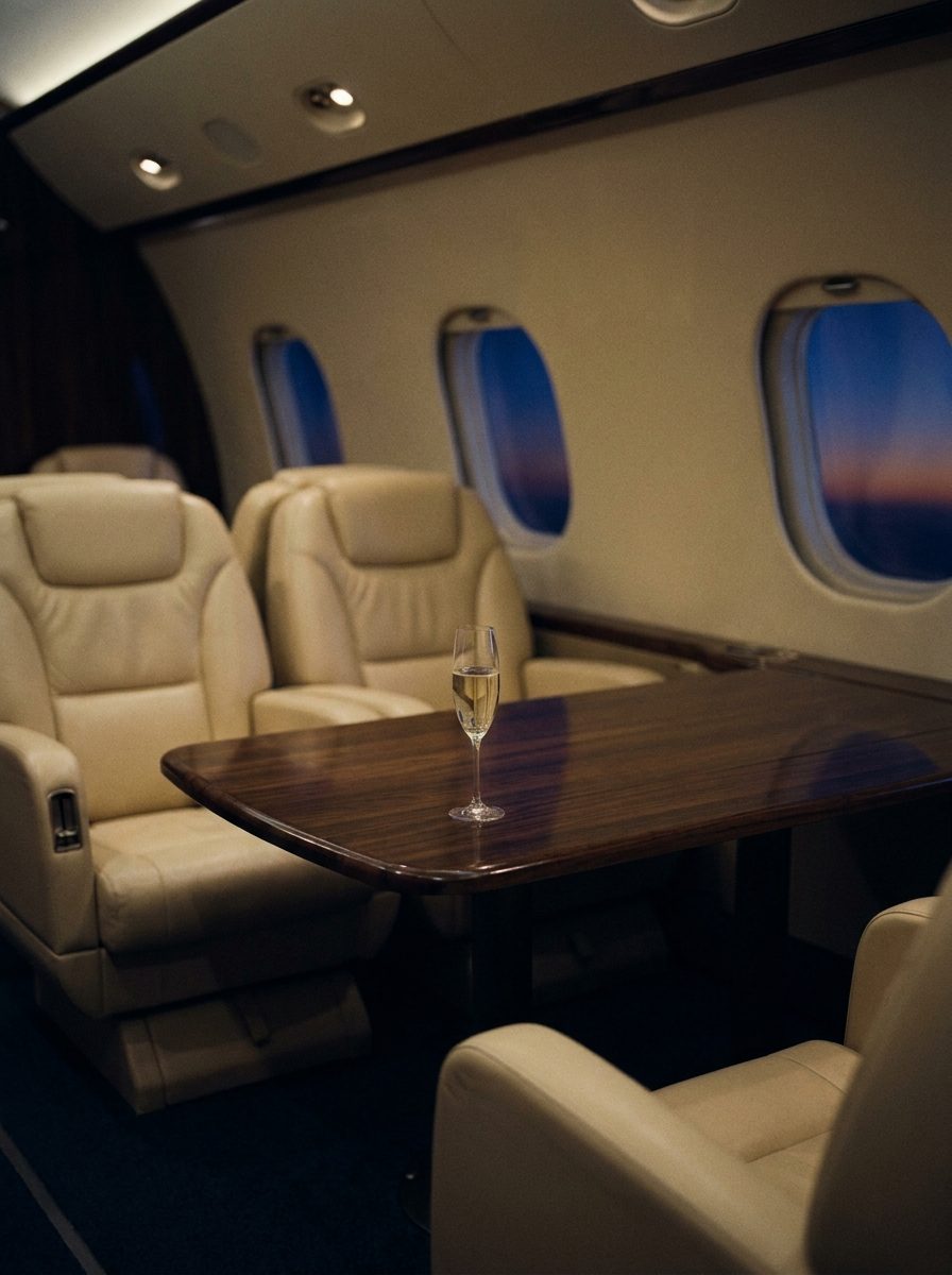 Light jet cabin with four leather seats