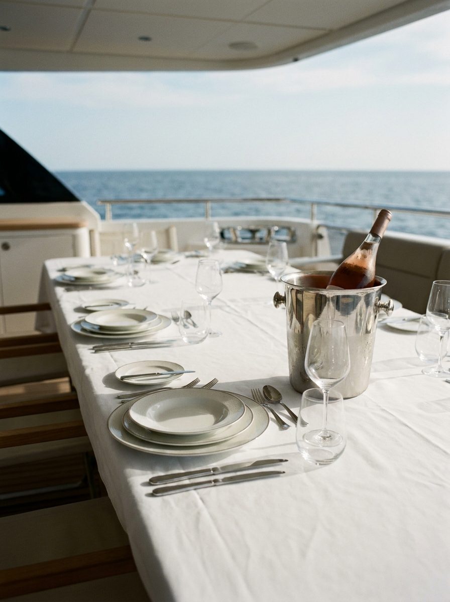 Yacht aft deck lunch at anchor
