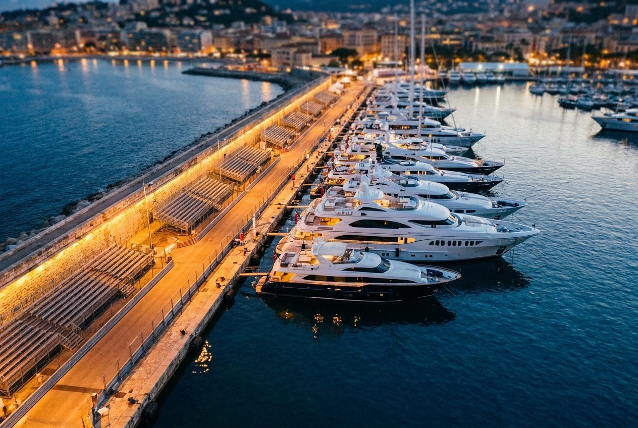 Monaco harbour at dusk during race week